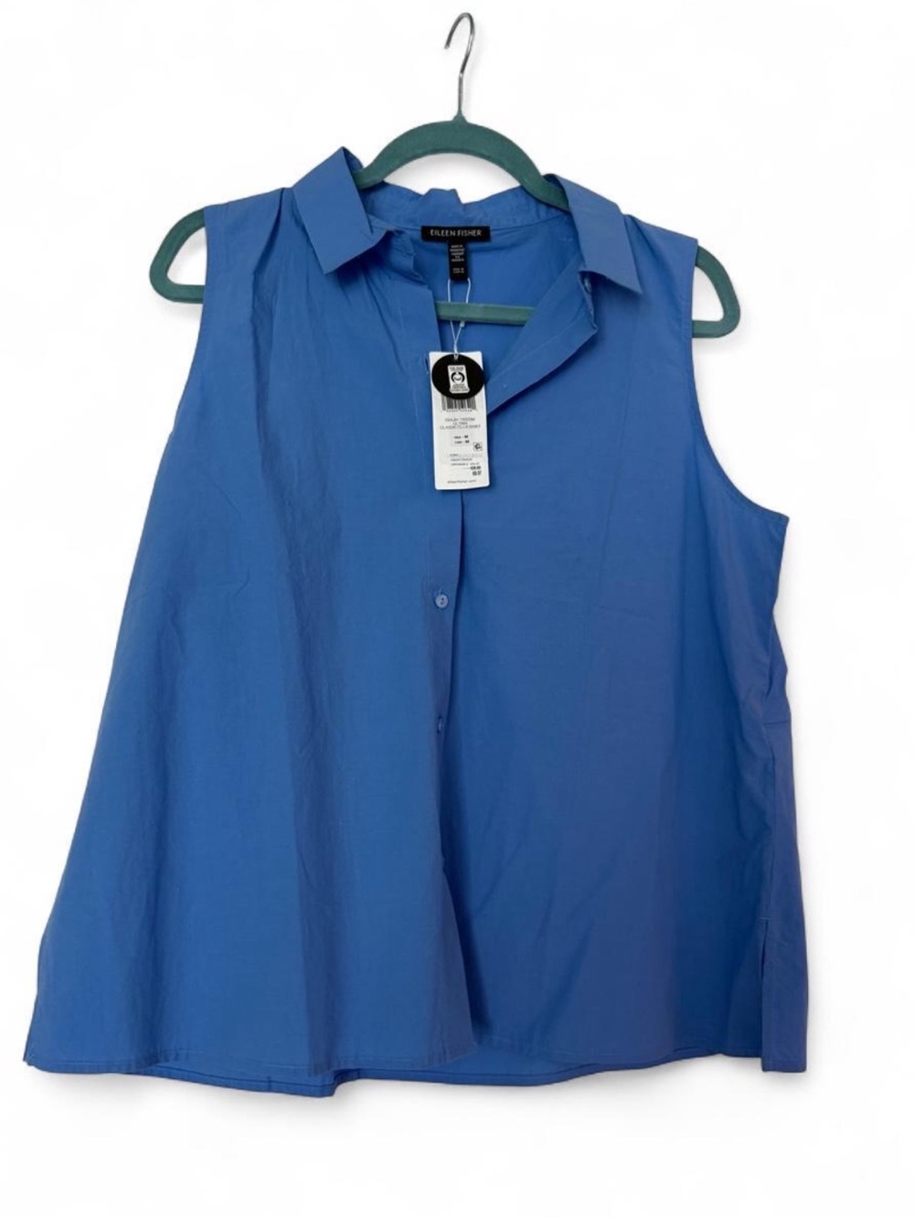 Eileen Fisher Relaxed Blue Sleeveless Collared Button-Down Top